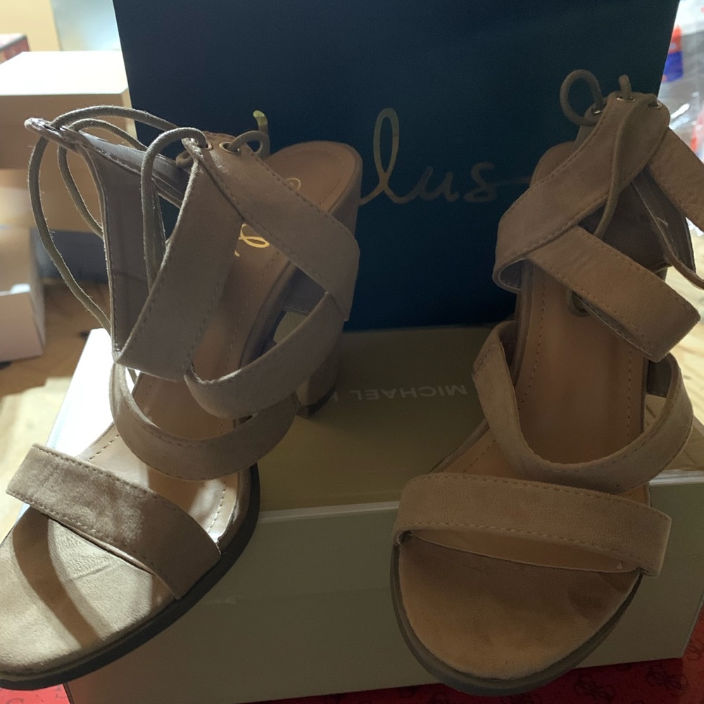 Tan suede block heel sandal